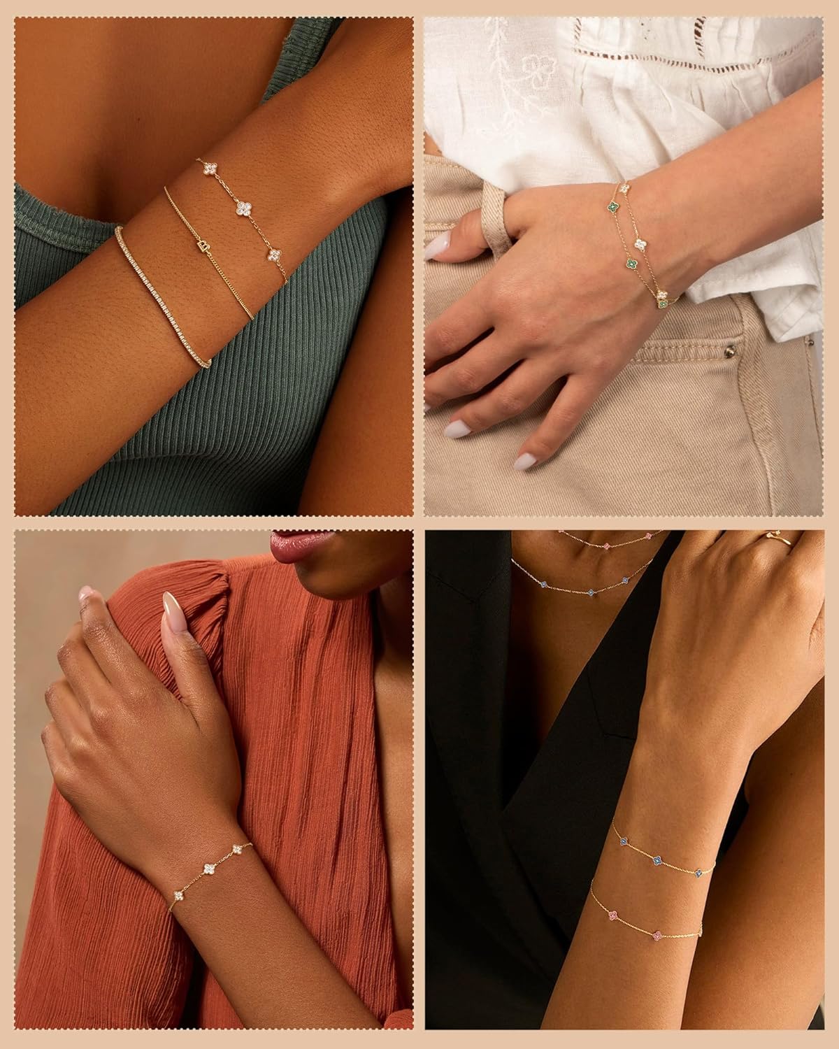 Birthstone Gold Clover Bracelet Dainty 14K Gold Plated Cute Friendship Stackable Bracelets for Women No Tarnish Trendy Charm Best Friend Bracelet Stack for Birthday Jewelry