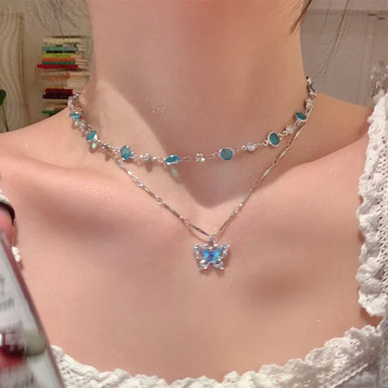 Romantic Blue Crystal Butterfly Necklace for Women Girls Simple Shiny Zircon Bilayer Choker Clavicle Chain New Fine Jewelry