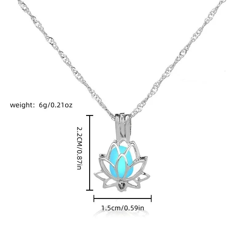 Luminous Glowing in the Dark Moon Lotus Flower Shaped Pendant Necklace for Women Yoga Prayer