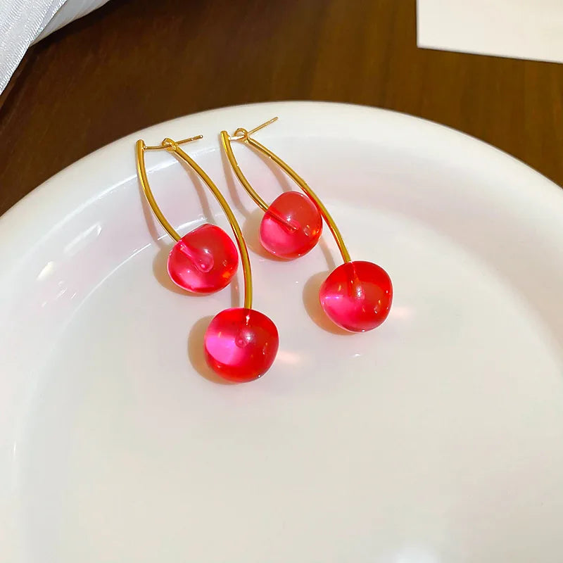Small Fresh Red Cherry Drop Earrings Ladies Stylish Sweet Resin Fruit Dangle Earrings Delicate Everyday Party Accessories