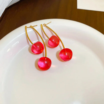 Small Fresh Red Cherry Drop Earrings Ladies Stylish Sweet Resin Fruit Dangle Earrings Delicate Everyday Party Accessories