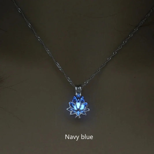 Luminous Glowing in the Dark Moon Lotus Flower Shaped Pendant Necklace for Women Yoga Prayer