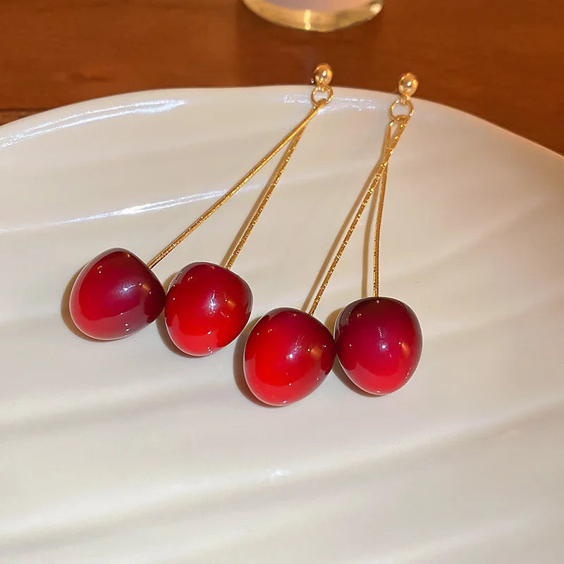 Small Fresh Red Cherry Drop Earrings Ladies Stylish Sweet Resin Fruit Dangle Earrings Delicate Everyday Party Accessories