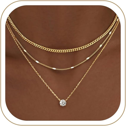 Layered Gold Necklaces for Women, 14K Gold Sterling Silver Plated Dainty Pendant Necklace Set Non Tarnish, Chunky Stackable Cuban Chain Choker, Trendy Personalized Birthstone Jewelry Gift for Mom