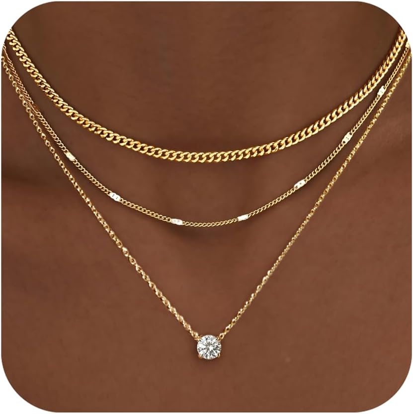 Layered Gold Necklaces for Women, 14K Gold Sterling Silver Plated Dainty Pendant Necklace Set Non Tarnish, Chunky Stackable Cuban Chain Choker, Trendy Personalized Birthstone Jewelry Gift for Mom