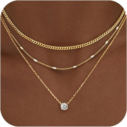 Layered Gold Necklaces for Women, 14K Gold Sterling Silver Plated Dainty Pendant Necklace Set Non Tarnish, Chunky Stackable Cuban Chain Choker, Trendy Personalized Birthstone Jewelry Gift for Mom