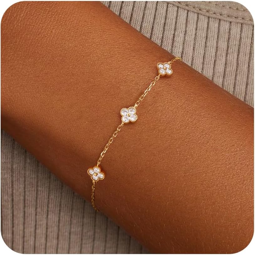Birthstone Gold Clover Bracelet Dainty 14K Gold Plated Cute Friendship Stackable Bracelets for Women No Tarnish Trendy Charm Best Friend Bracelet Stack for Birthday Jewelry
