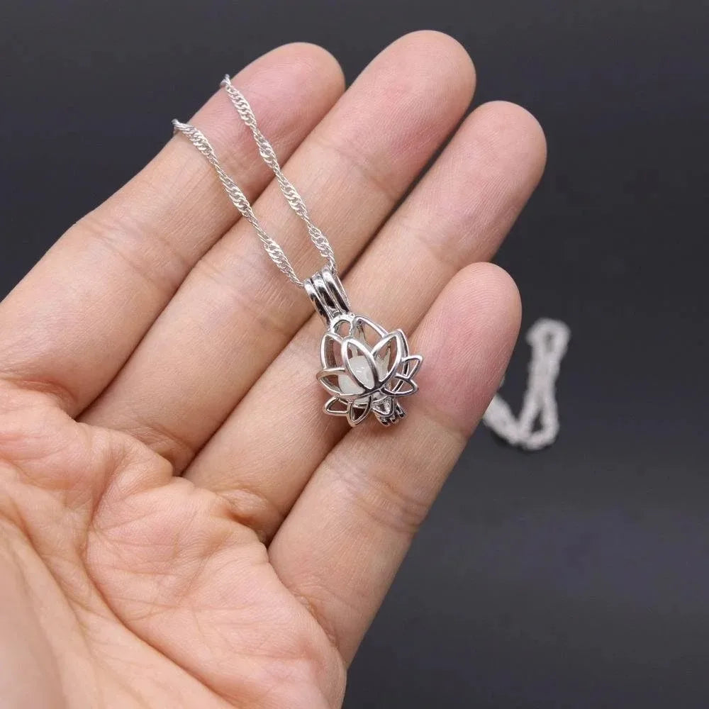 Luminous Glowing in the Dark Moon Lotus Flower Shaped Pendant Necklace for Women Yoga Prayer