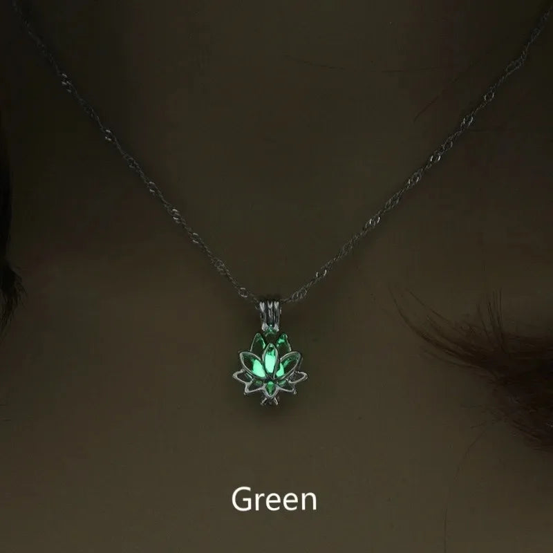 Luminous Glowing in the Dark Moon Lotus Flower Shaped Pendant Necklace for Women Yoga Prayer