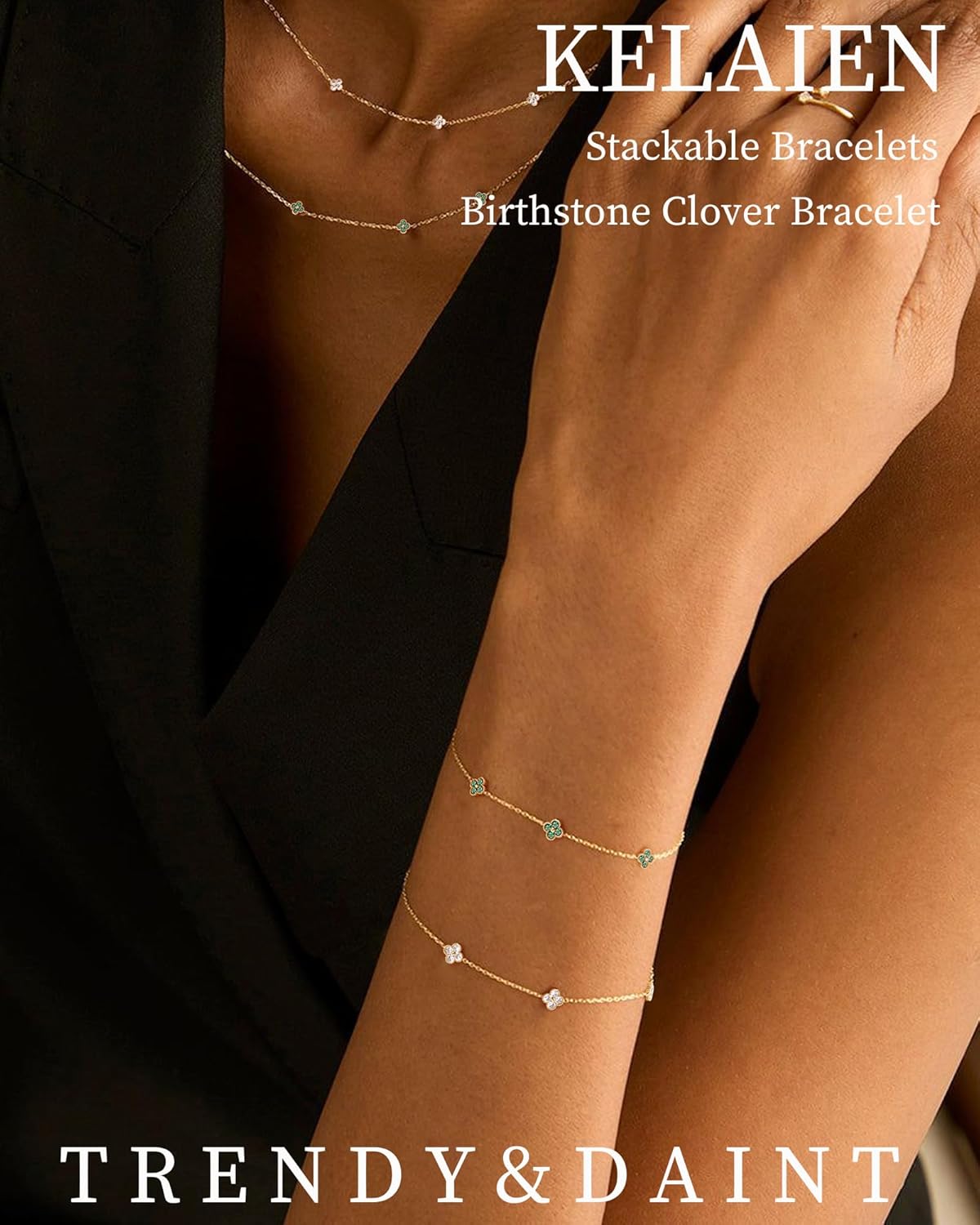 Birthstone Gold Clover Bracelet Dainty 14K Gold Plated Cute Friendship Stackable Bracelets for Women No Tarnish Trendy Charm Best Friend Bracelet Stack for Birthday Jewelry