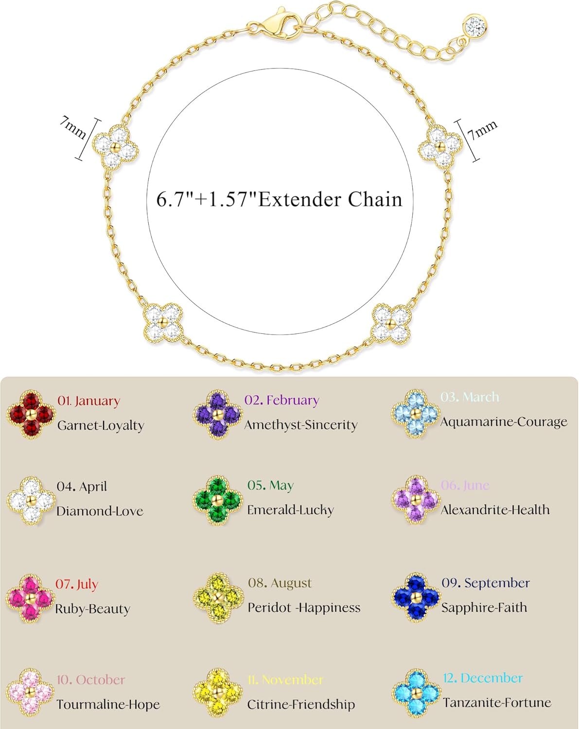 Birthstone Gold Clover Bracelet Dainty 14K Gold Plated Cute Friendship Stackable Bracelets for Women No Tarnish Trendy Charm Best Friend Bracelet Stack for Birthday Jewelry