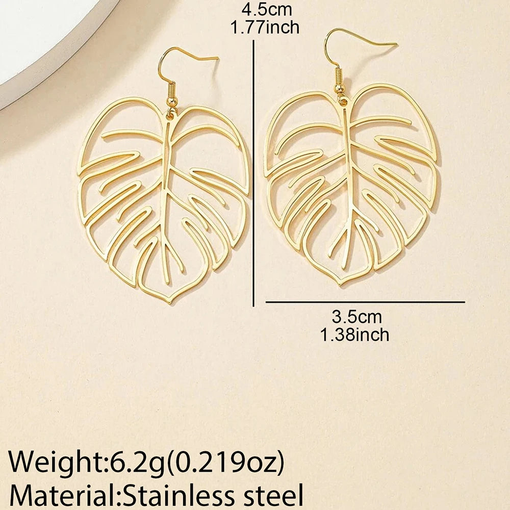 Stainless Steel Bohemian Hollow Exaggerated Leaf Dangle Drop Earring for Women Lady Geometric Female Jewelry