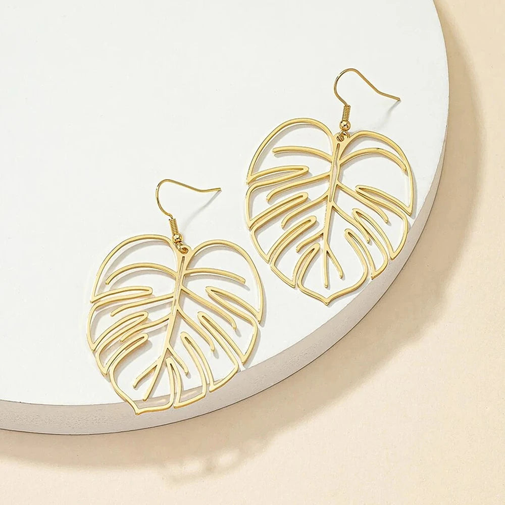 Stainless Steel Bohemian Hollow Exaggerated Leaf Dangle Drop Earring for Women Lady Geometric Female Jewelry