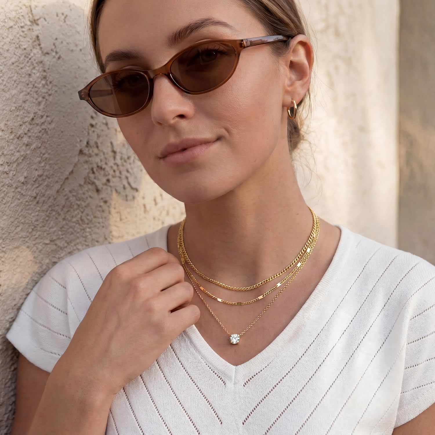 Layered Gold Necklaces for Women, 14K Gold Sterling Silver Plated Dainty Pendant Necklace Set Non Tarnish, Chunky Stackable Cuban Chain Choker, Trendy Personalized Birthstone Jewelry Gift for Mom