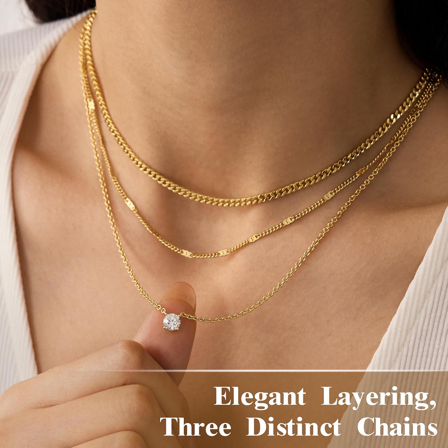 Layered Gold Necklaces for Women, 14K Gold Sterling Silver Plated Dainty Pendant Necklace Set Non Tarnish, Chunky Stackable Cuban Chain Choker, Trendy Personalized Birthstone Jewelry Gift for Mom