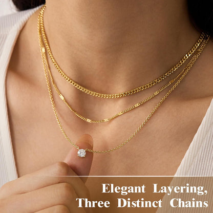 Layered Gold Necklaces for Women, 14K Gold Sterling Silver Plated Dainty Pendant Necklace Set Non Tarnish, Chunky Stackable Cuban Chain Choker, Trendy Personalized Birthstone Jewelry Gift for Mom