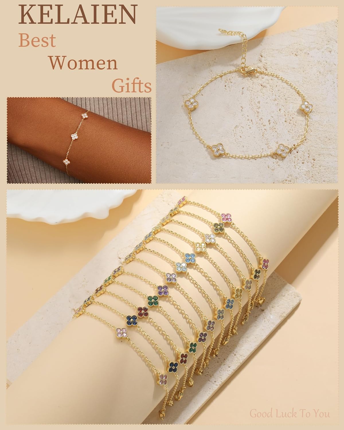 Birthstone Gold Clover Bracelet Dainty 14K Gold Plated Cute Friendship Stackable Bracelets for Women No Tarnish Trendy Charm Best Friend Bracelet Stack for Birthday Jewelry