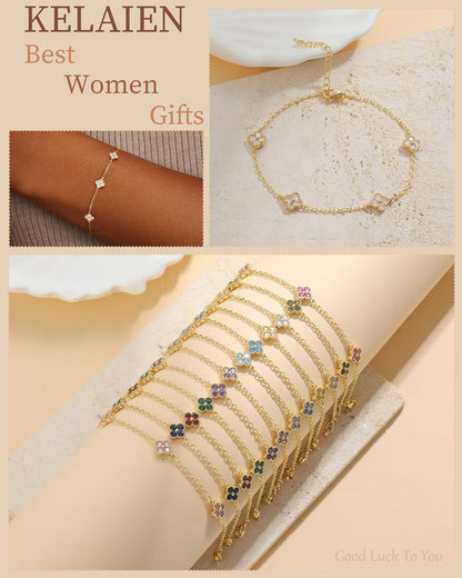 Birthstone Gold Clover Bracelet Dainty 14K Gold Plated Cute Friendship Stackable Bracelets for Women No Tarnish Trendy Charm Best Friend Bracelet Stack for Birthday Jewelry