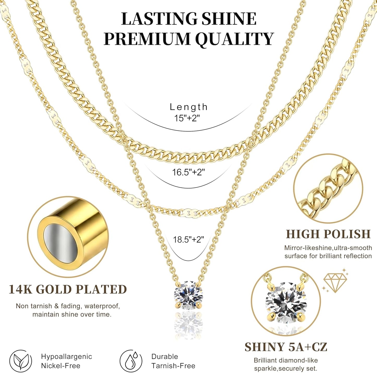 Layered Gold Necklaces for Women, 14K Gold Sterling Silver Plated Dainty Pendant Necklace Set Non Tarnish, Chunky Stackable Cuban Chain Choker, Trendy Personalized Birthstone Jewelry Gift for Mom