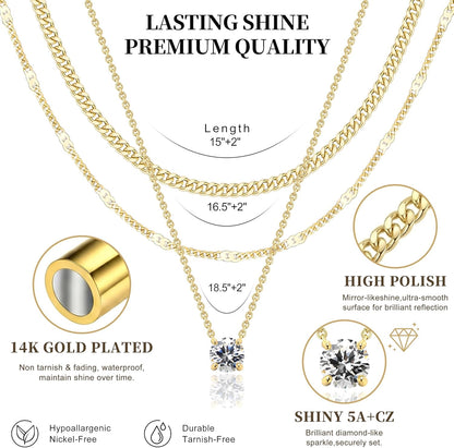 Layered Gold Necklaces for Women, 14K Gold Sterling Silver Plated Dainty Pendant Necklace Set Non Tarnish, Chunky Stackable Cuban Chain Choker, Trendy Personalized Birthstone Jewelry Gift for Mom