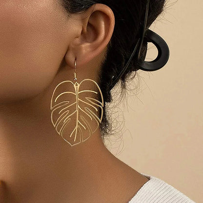 Stainless Steel Bohemian Hollow Exaggerated Leaf Dangle Drop Earring for Women Lady Geometric Female Jewelry