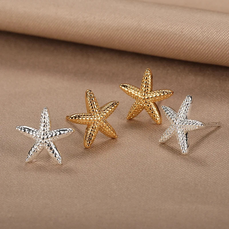 Vintage Summer Starfish Stainless Steel Stud Earrings for Women Simple Star Shell Earrings Stud Ocean Party Jewelry Gift 2025