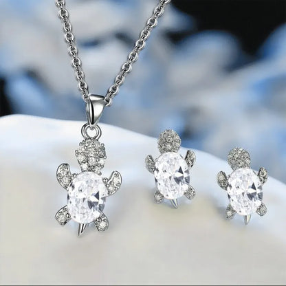 3Pcs Silver-Plated Necklace Earrings Set Ladies Light Luxury Fashion Style Turtle Shape with Multi Color Glass Diamond