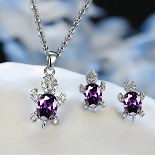 3Pcs Silver-Plated Necklace Earrings Set Ladies Light Luxury Fashion Style Turtle Shape with Multi Color Glass Diamond
