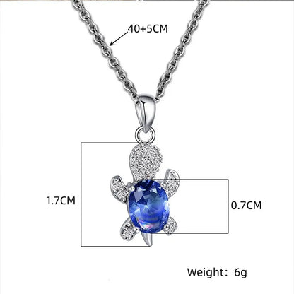 3Pcs Silver-Plated Necklace Earrings Set Ladies Light Luxury Fashion Style Turtle Shape with Multi Color Glass Diamond
