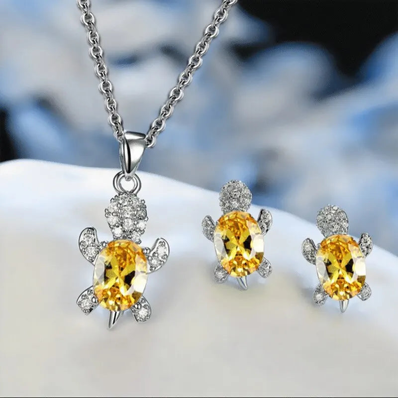 3Pcs Silver-Plated Necklace Earrings Set Ladies Light Luxury Fashion Style Turtle Shape with Multi Color Glass Diamond