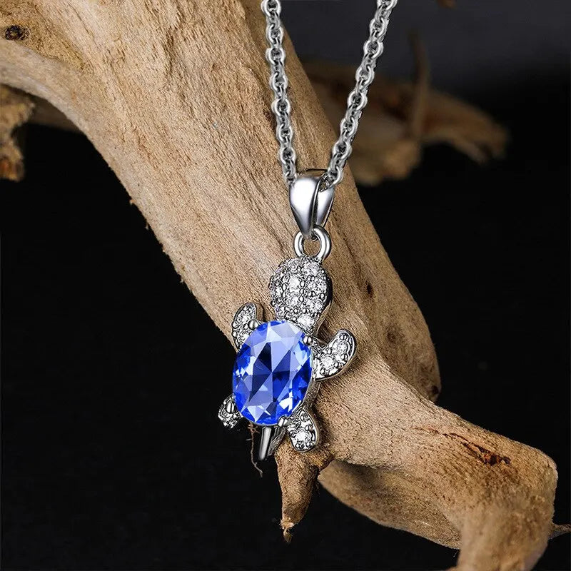 3Pcs Silver-Plated Necklace Earrings Set Ladies Light Luxury Fashion Style Turtle Shape with Multi Color Glass Diamond