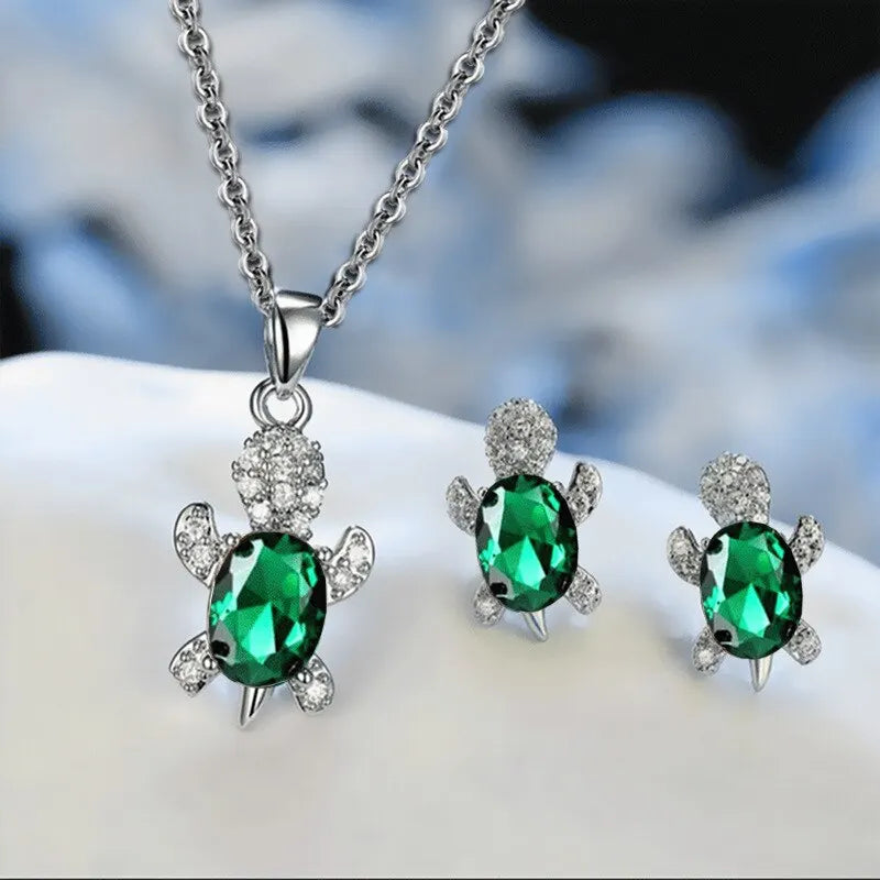 3Pcs Silver-Plated Necklace Earrings Set Ladies Light Luxury Fashion Style Turtle Shape with Multi Color Glass Diamond