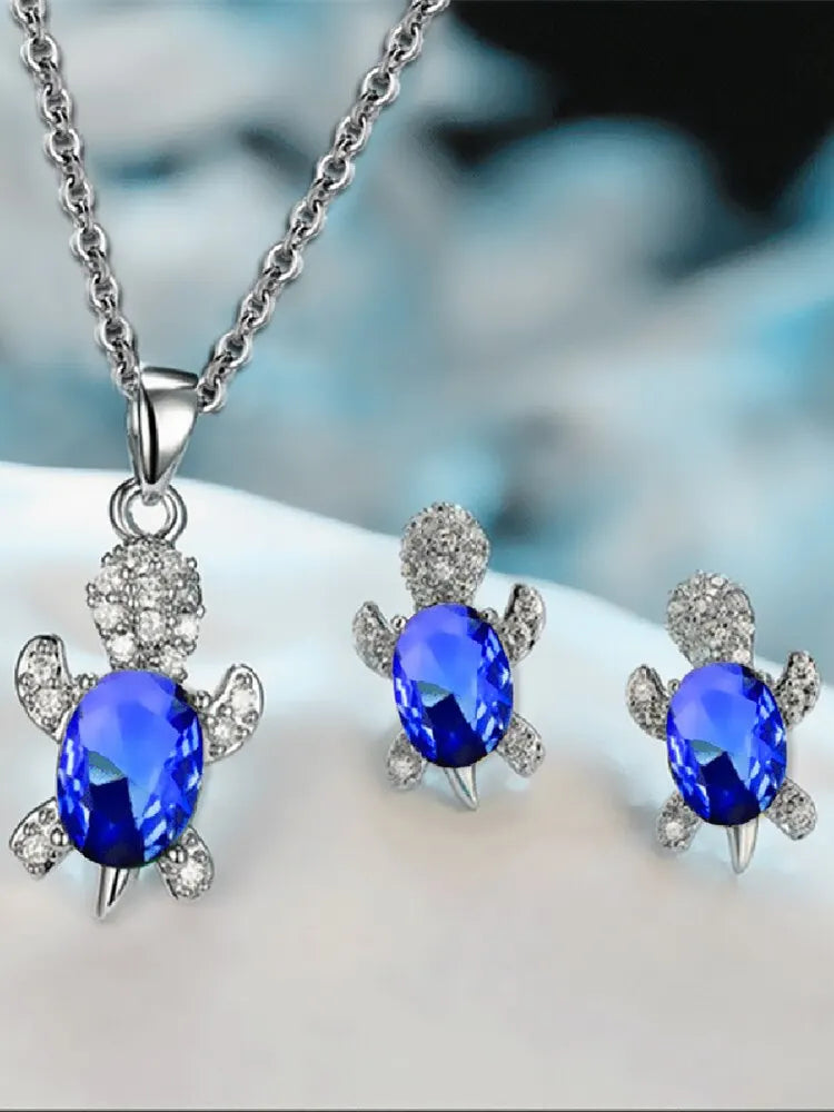 3Pcs Silver-Plated Necklace Earrings Set Ladies Light Luxury Fashion Style Turtle Shape with Multi Color Glass Diamond