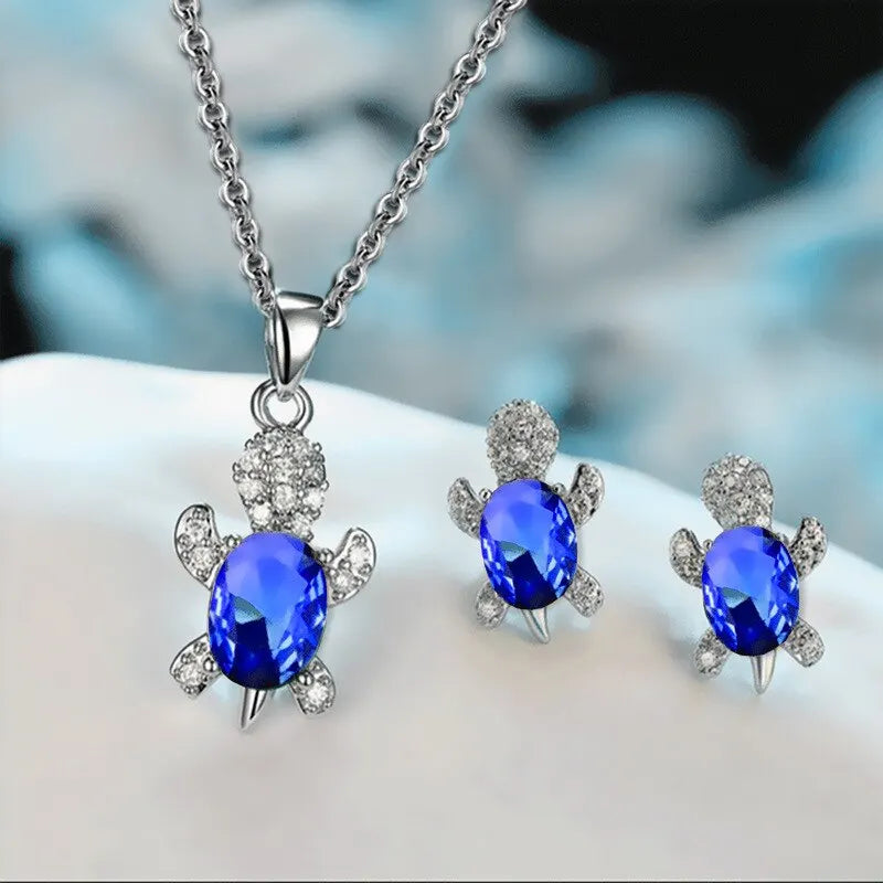 3Pcs Silver-Plated Necklace Earrings Set Ladies Light Luxury Fashion Style Turtle Shape with Multi Color Glass Diamond