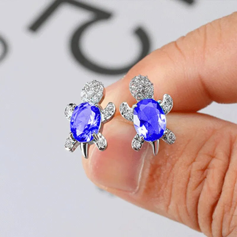 3Pcs Silver-Plated Necklace Earrings Set Ladies Light Luxury Fashion Style Turtle Shape with Multi Color Glass Diamond