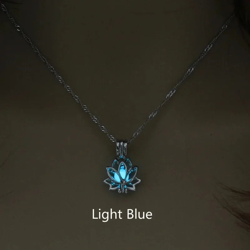 Luminous Glowing in the Dark Moon Lotus Flower Shaped Pendant Necklace for Women Yoga Prayer