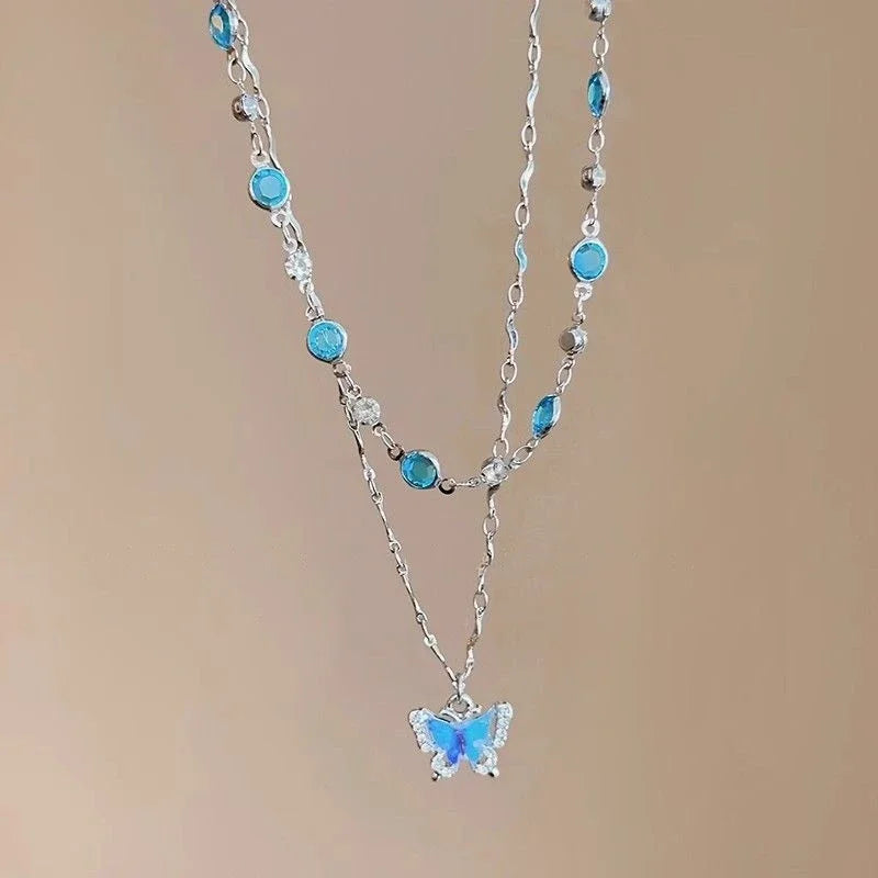 Romantic Blue Crystal Butterfly Necklace for Women Girls Simple Shiny Zircon Bilayer Choker Clavicle Chain New Fine Jewelry